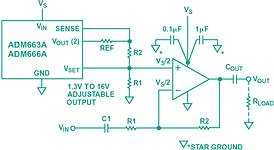 Figure 6. An op-amp single-supply biasing circuit using a linear voltage regulator